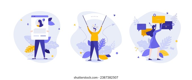 User activity on social media flat concept vector illustrations set. Online profile, man with banner and online discussion abstract metaphors