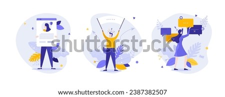 User activity on social media flat concept vector illustrations set. Online profile, man with banner and online discussion abstract metaphors