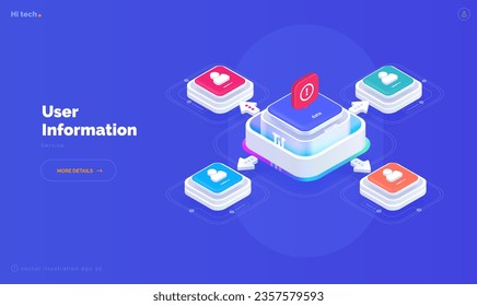 Sistema de clasificación de actividad de usuario. Verificación de datos de usuario. Tecnologías digitales. Transmisión y protección de datos.  Isometric vector ilustración 3d estilo en fondo azul