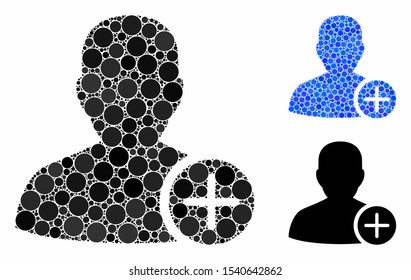 User add composition of circle elements in various sizes and color tinges, based on user add icon. Vector circle elements are organized into blue composition.
