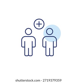 User add, new account invite to group. Two people and plus. Pixel perfect, editable stroke vector icon