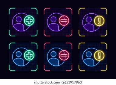 Usuário adicionar remover ícones conjunto de símbolos, cyber neon visual, vetor de grade de borda brilhante.