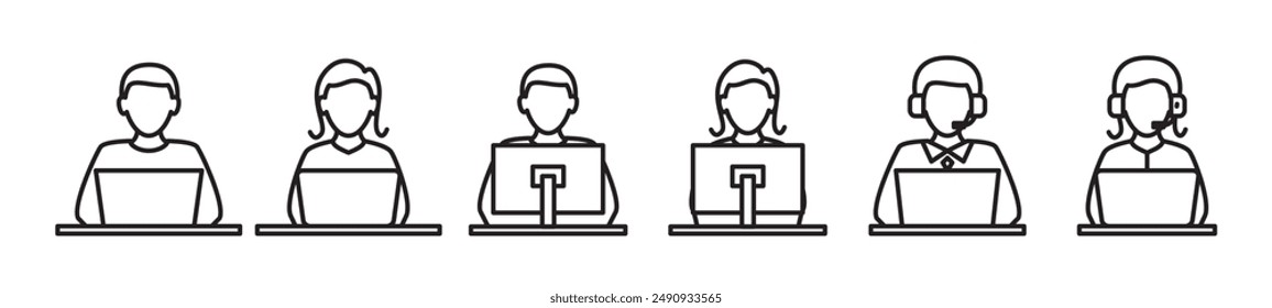 Equipo de administración de usuarios en el conjunto de iconos de Vector del equipo. Iconos simples de la línea del administrador, empleado, Servicio al cliente, empresario, Ilustración vectorial del trabajo de oficina en fondo transparente.