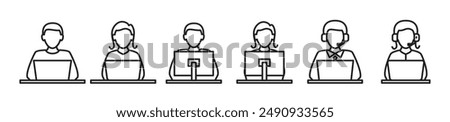 User admin computer on computer vector icon set. Simple line icons of administrator, employee, customer service, businessman, office work vector illustration on transparent background.