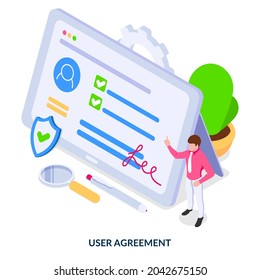 User agreement concept. Account security, privacy policy, terms of use. Isometric illustration on white background