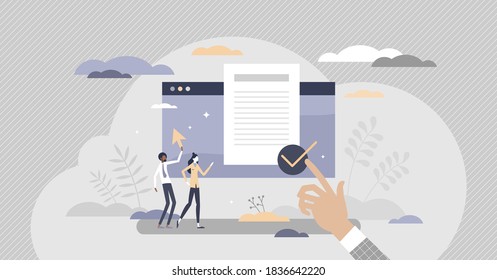 User agreement digital document for legal protection purpose tiny persons concept. Pop-up text window with confirm button vector illustration. End client account terms and conditions acceptance scene.