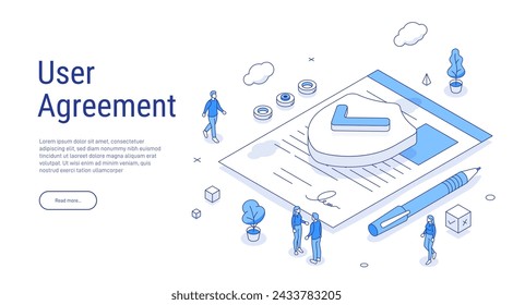 User agreement landing page template. Personal data security. Online file server protection. Signing digital signature at online business contract. Isometric modern vector illustration.