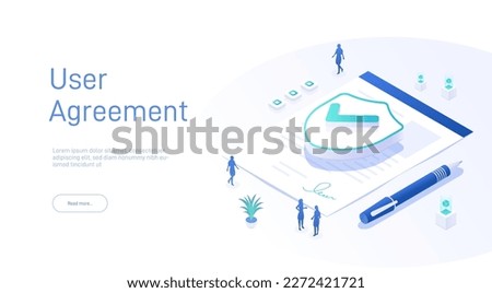 User agreement landing page template. Personal data security. Online file server protection. Signing digital signature at online business contract. Isometric modern vector illustration.
