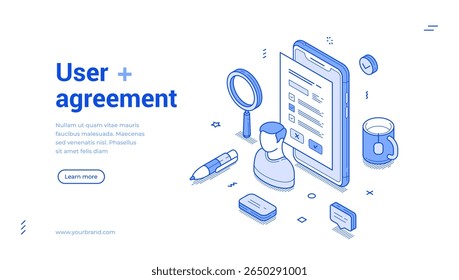 User agreement privacy policy insurance document outline isometric web banner design template vector illustration. Personal contract legal form official information protection guarantee landing page