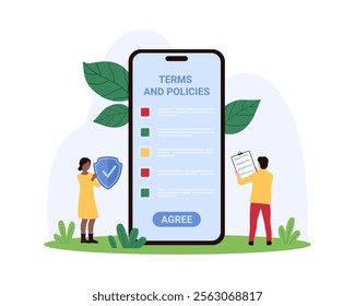 User agreement, software privacy policy, online contract of partnership or license regulation in mobile app. Tiny people read list of document on smartphone screen cartoon vector illustration