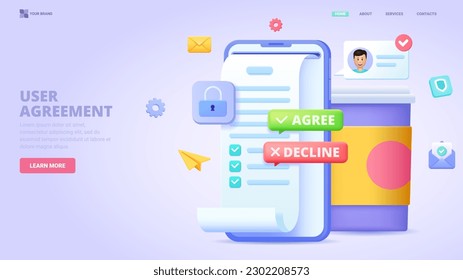 User agreement, terms and conditions, online contract, corporative rules, privacy policy. Three dimensional design concept for landing page. 3d vector illustration for website, print, banner.