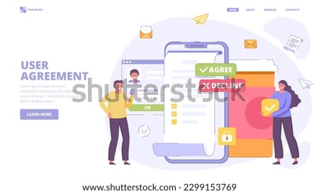 User agreement, terms and conditions, online contract, corporative rules, privacy policy. Design concept for landing page. Flat vector illustration with characters for website, print, banner.