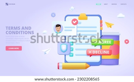 User agreement, terms and conditions, online contract, corporative rules, privacy policy. Three dimensional design concept for landing page. 3d vector illustration for website, print, banner.
