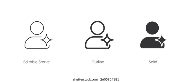 User AI icon set. User with AI sparkle symbol. Artificial intelligence sign. Line and silhouette icon. Icons for app user interface and web elements. Vector illustration. Editable stroke.