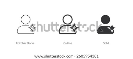 User AI icon set. User with AI sparkle symbol. Artificial intelligence sign. Line and silhouette icon. Icons for app user interface and web elements. Vector illustration. Editable stroke.