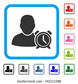 User Alarm Clock icon. Flat gray pictogram symbol inside a light blue rounded rectangular frame. Black, gray, green, blue, red, orange color additional versions of User Alarm Clock vector.