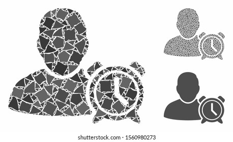 User alarm clock mosaic of irregular items in different sizes and color hues, based on user alarm clock icon. Vector irregular items are composed into mosaic.
