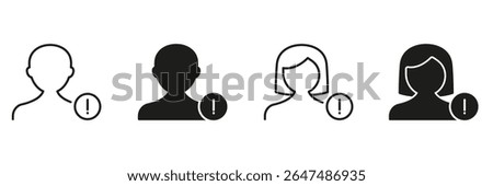 User Alert Notification Icon Set. User Profile With Exclamation Mark Indicating Warning Or Attention Needed Outline And Solid Symbol. Communication And Alert System. Isolated Vector Illustration.