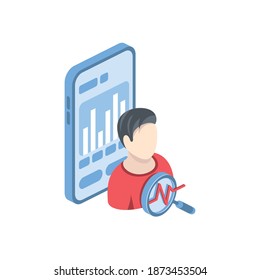Análisis de usuarios, gráficos, estadísticas. Etiquetas de venta y tienda de bolsos. Vector 3d isométrico, color de los iconos de la web, nuevo estilo plano.