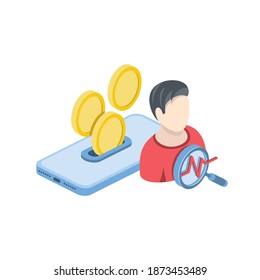 User analytics, charts, statistics, Cryptocurrency. Bags store and sale label. Vector 3d isometric, color web icons set, new flat style.