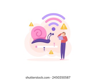 a user is annoyed because his internet speed is slow. problems with the wifi network. internet connection is experiencing problems. the internet is slow like a snail's pace. illustration concept