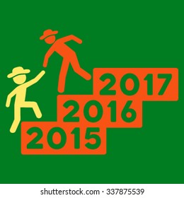 User Annual Help vector icon. Style is bicolor flat symbol, orange and yellow colors, rounded angles, green background.