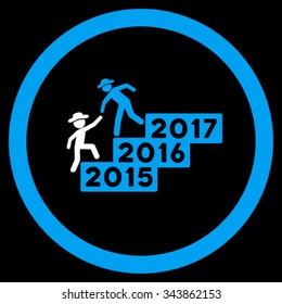 User Annual Help vector icon. Style is bicolor flat circled symbol, blue and white colors, rounded angles, black background.