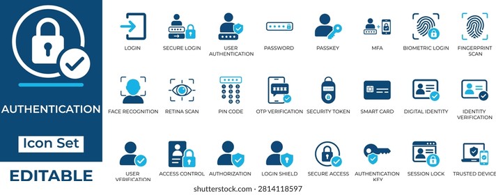 User authentication and cyber security vector icon set. Includes biometric login, MFA, password, fingerprint, face recognition, secure access.