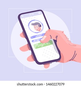 User authorization flat vector illustration. Personal account, safety measure cartoon concept. Unauthorized access protection idea. Hand holding smartphone with sign in button, entering password