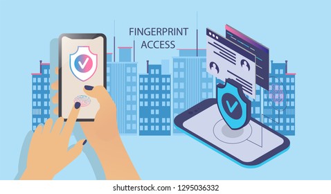 User authorization form, personal data processing. Fingerprint access, business security concept, 3d isometric vector illustration with phone, hand and big city on background. Vector illustration.