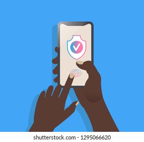 User authorization form, personal data processing with phone and hand. Fingerprint access, business security concept, 3d isometric vector illustration