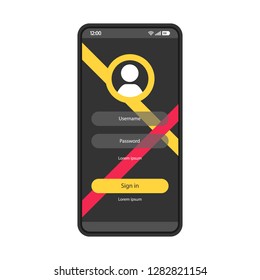 User authorization smartphone page vector template. Sign in. Mobile app interface black design layout. Login, sign up screen. Flat UI application. Registration. Phone display with password, username