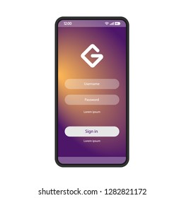 User authorization smartphone page vector template. Sign in. Mobile app interface design layout. Login, sign up screen. Flat UI application. Registration. Phone display with password and username