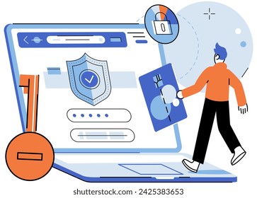 User authorization. Vector illustration. The user authorization metaphor compares process to granting permission Passwords are used for user authentication and provide additional layer security