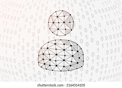 User avatar 3d low poly symbol with binary code background. Teamwork design vector illustration. Profile polygonal symbol with connected dots