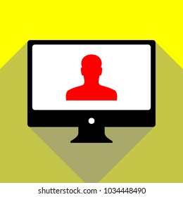 User avatar, anonymous sign illustration. Vector. Red icon on white monitor of black all-in-one desktop computer with two shadows at yellow background.