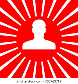 User avatar, anonymous sign illustration. Vector. White icon on red sun with rays as background. Isolated.
