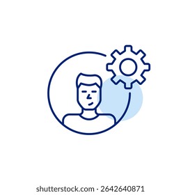 User avatar and cogwheel. Account settings, admin or user control. Customization, hr or user management software. Pixel perfect, editable stroke vector icon