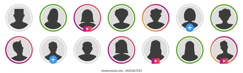 User avatar collection for social media. Set of frame live stories user. People avatar in circle frame for social media