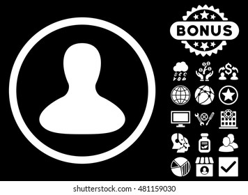 User Avatar icon with bonus. Vector illustration style is flat iconic symbols, white color, black background.