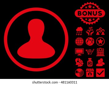 User Avatar icon with bonus. Vector illustration style is flat iconic symbols, red color, black background.