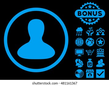User Avatar icon with bonus. Vector illustration style is flat iconic symbols, blue color, black background.