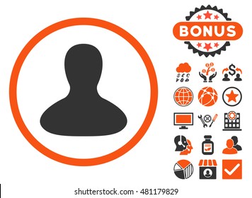 User Avatar icon with bonus. Vector illustration style is flat iconic bicolor symbols, orange and gray colors, white background.