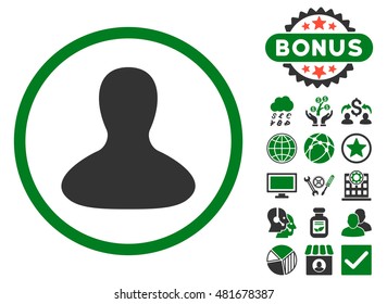 User Avatar icon with bonus. Vector illustration style is flat iconic bicolor symbols, green and gray colors, white background.