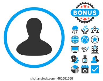 User Avatar icon with bonus. Vector illustration style is flat iconic bicolor symbols, blue and gray colors, white background.