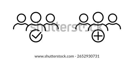 User avatar icon, membership line icons, add new user, profile symbol, team, community, clients and customers, group of people