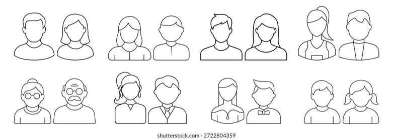Conjunto de iconos de avatares de usuario, perfil de personas diversas, miembros de la familia, adultos jóvenes, adultos mayores, profesionales, ilustración de retrato de contorno de niños.