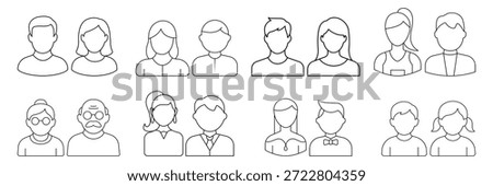 User avatar icon set, diverse people profile, family members, young adults, seniors, professionals, children outline portrait illustration.