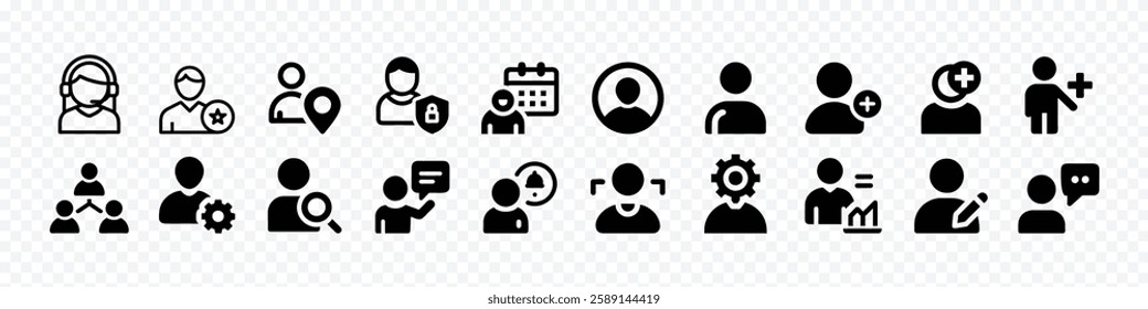 User avatar icon set, User profile icon set. password, login, username, avatar icon, connect, add friend, people, change photos, settings. User account icons set