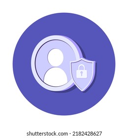 User avatar icon and shield with lock. Flat vector illustration user protection, personal information and account secure. Safe on internet and authentication security concepts.